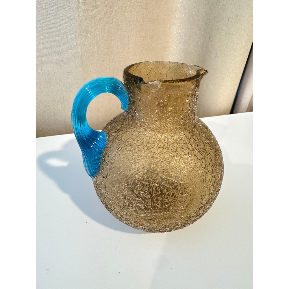 Antique 1860s‎ Overshot Glass Pitcher Amber Turquoise Blue Applied Handle 19th C